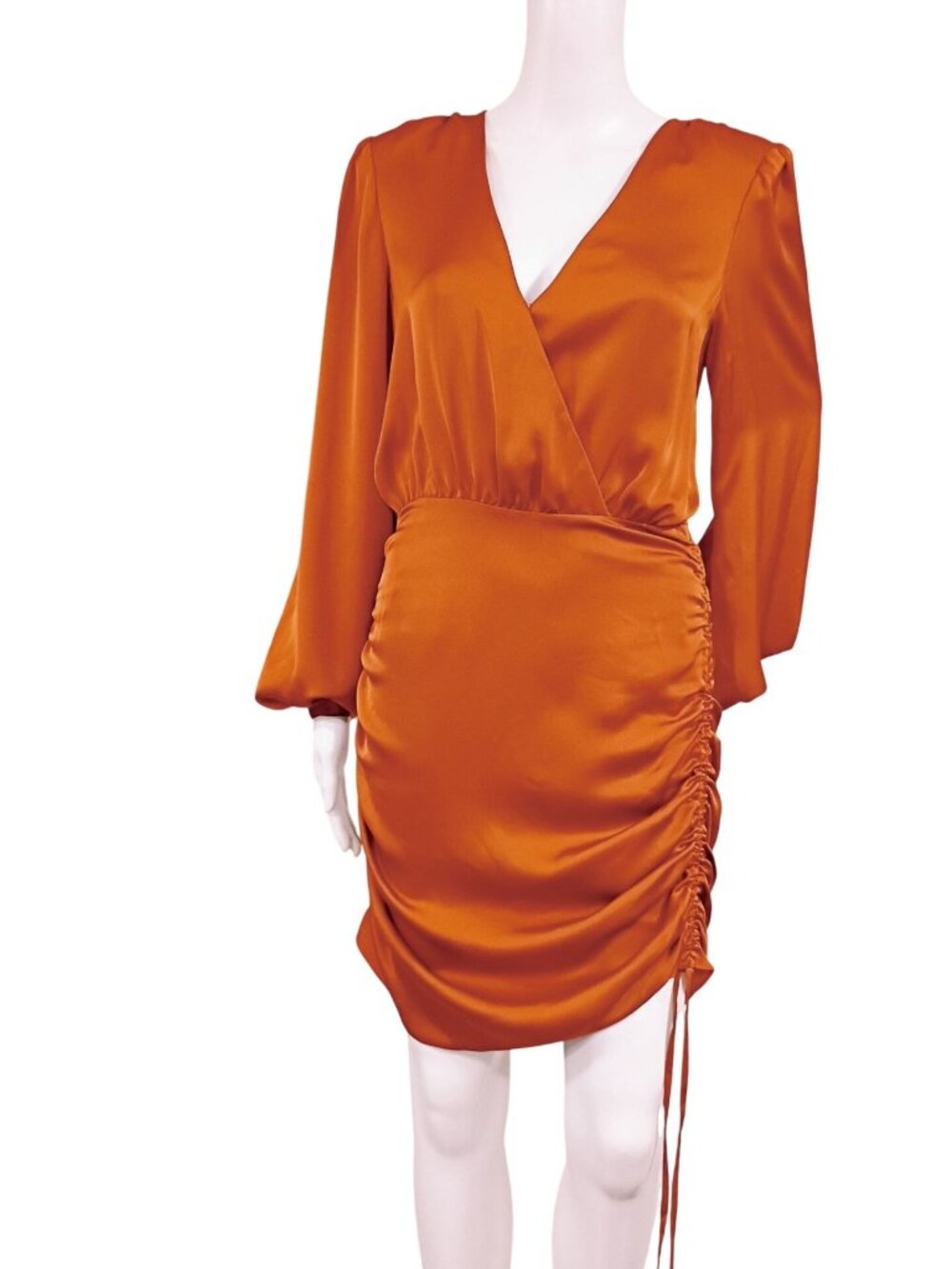 NWT Ramy Brook Foxy Mini Dress Women's 6 Cinnamon Satin Long Sleeve Side Ruched - Picture 2 of 16
